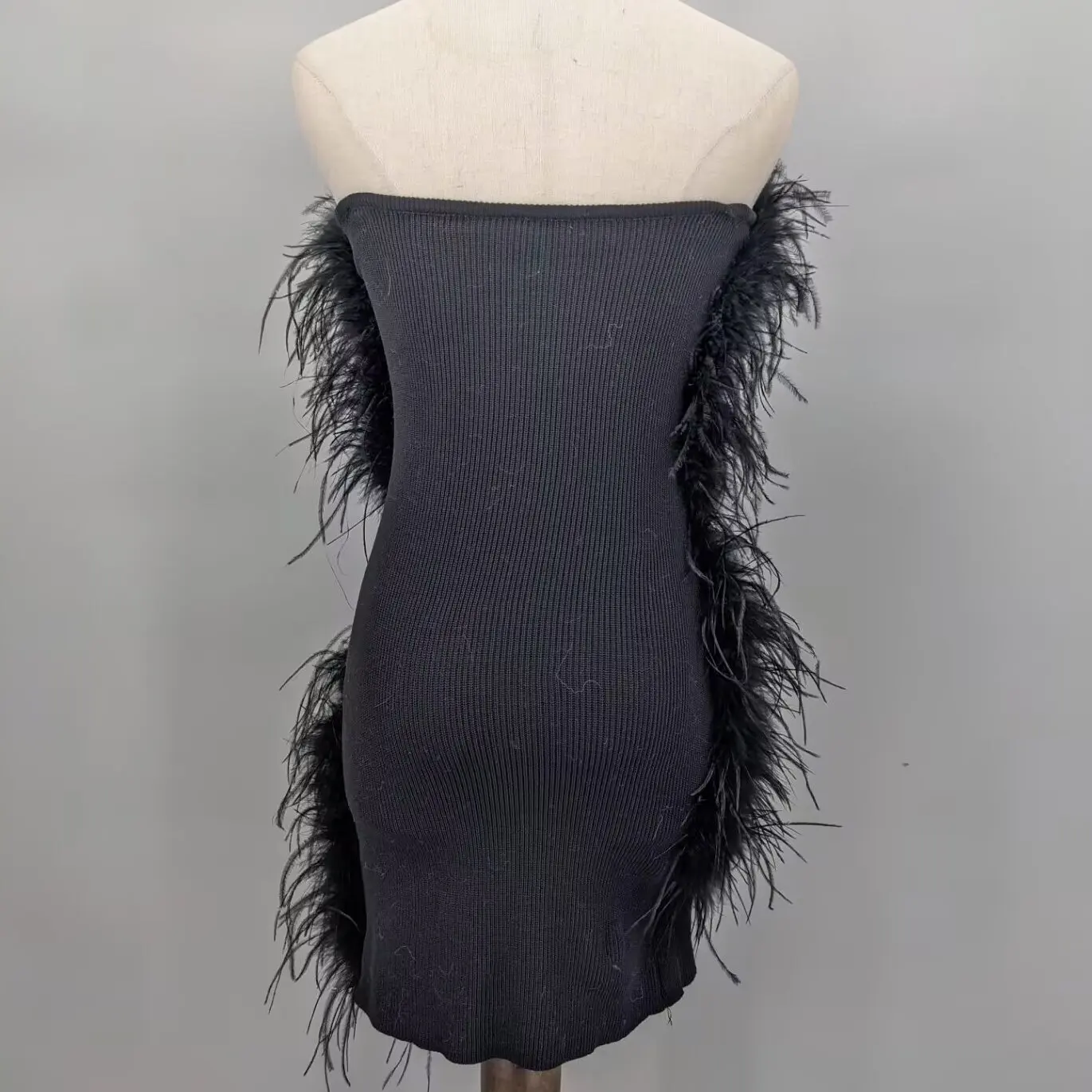 Women Black Strapless Fitted Mini Dress Real Ostrich Feather Elastic Bodycon Party Cocktail Banquet Club Outfit 23A1010
