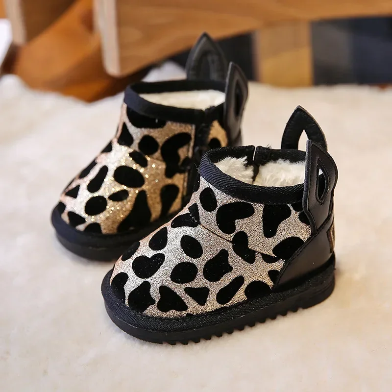 Botas de nieve con estampado de leopardo Para niño y niña, botines cálidos con orejas bonitas, de felpa, Invierno