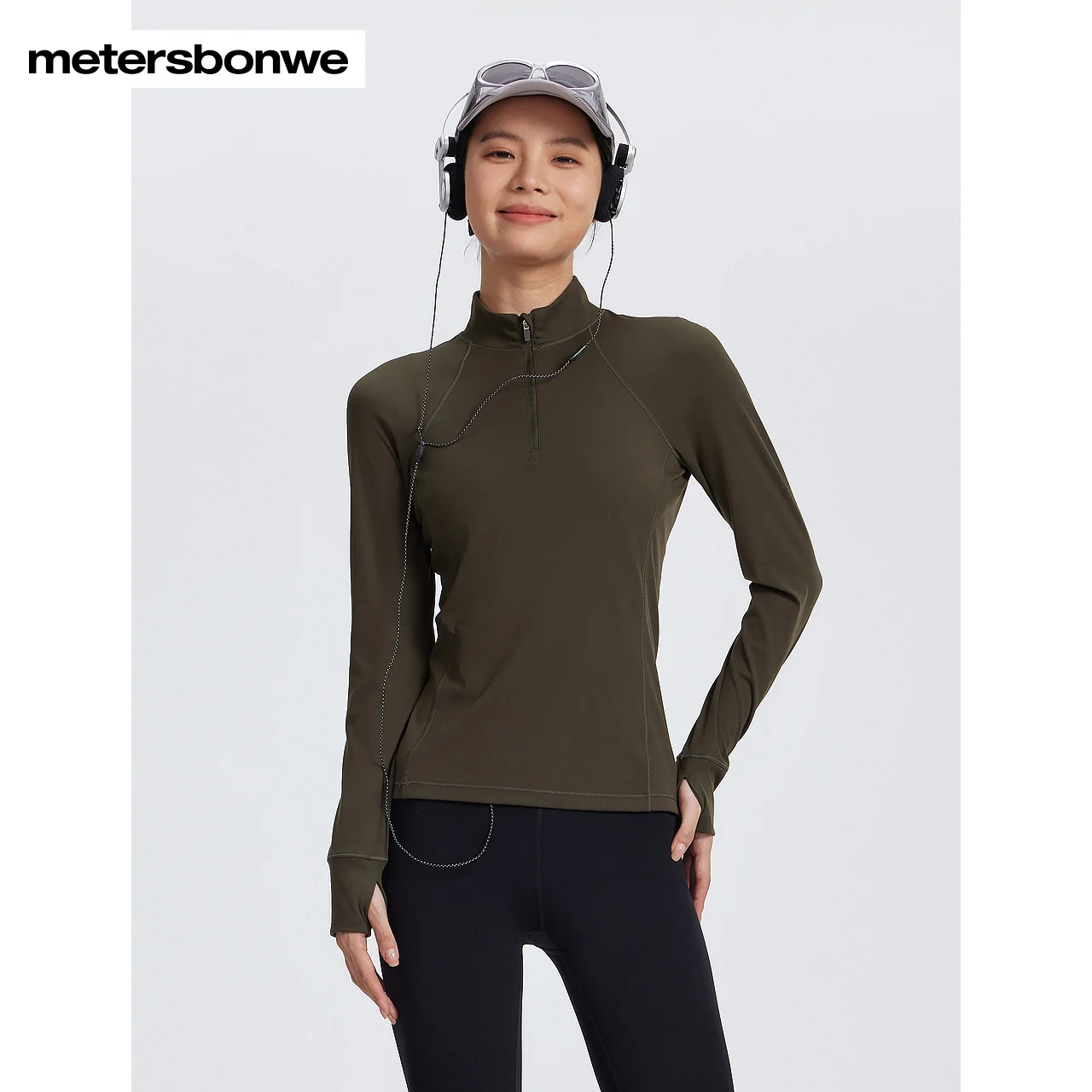 Metersbonwe-Chemise à manches longues pour femme, col zippé, pull à doigts nus, spectacle sportif, figure mince, excellente élasticité