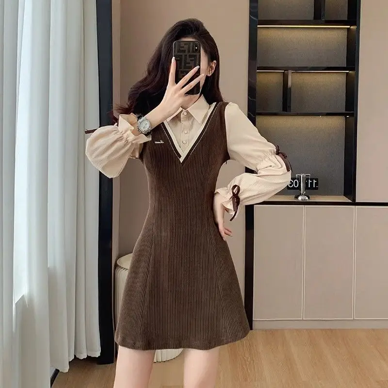 French Style Polo-Neck Mini Dress Female Clothing Fake Two Pieces Patchwork Autumn Basic Long Sleeve Stylish Bow Vintage Dresses