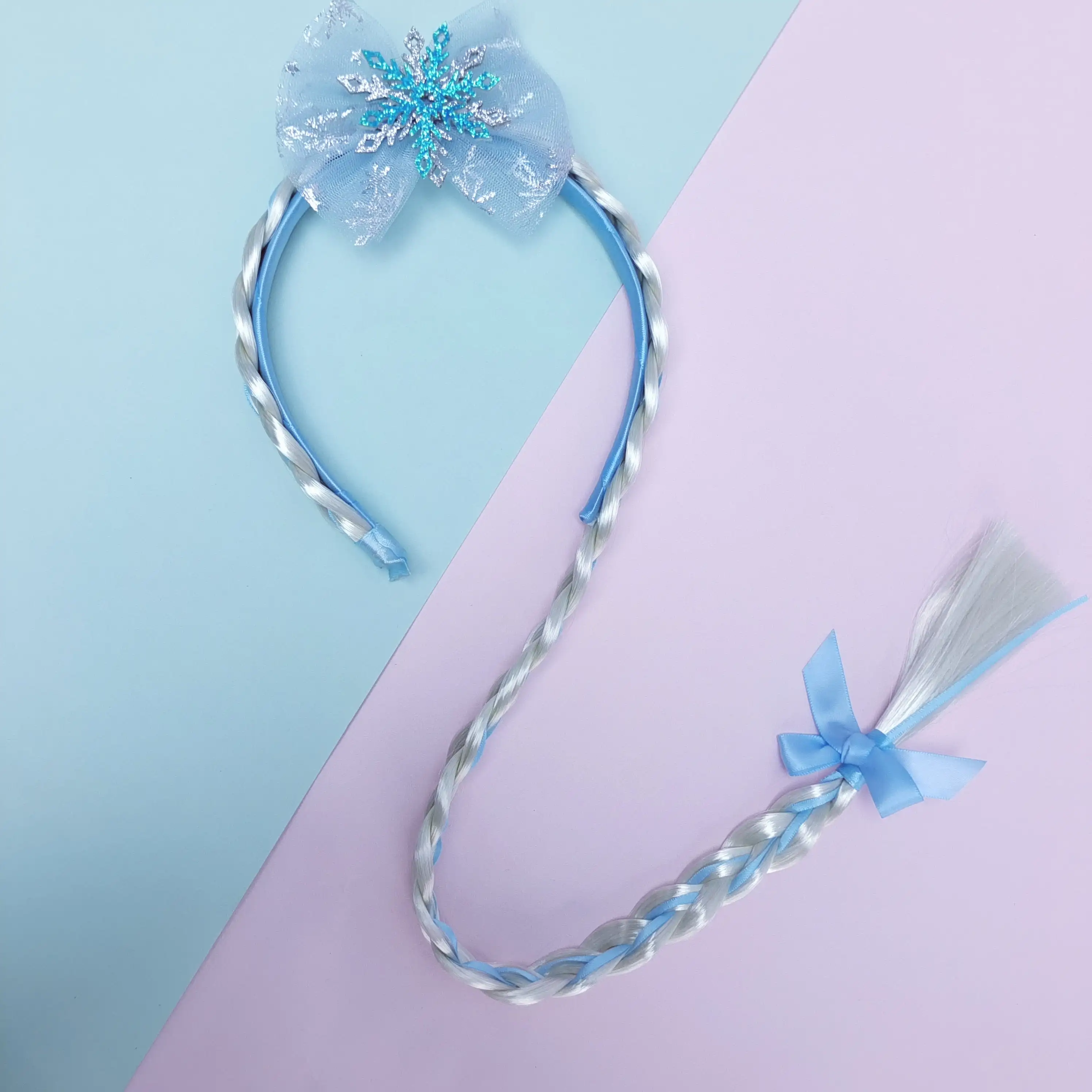 

Child Fashion Frozen Bowknot Elastic Snowflake Hair Accessories Blue Mesh Bow Braid Baby Girl Hair Band Gift Wig Headwear