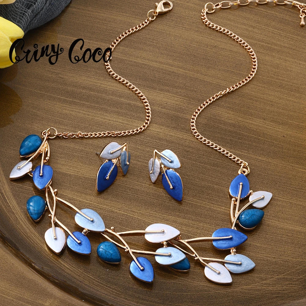 طقم قلائد على شكل ورقة شجر للنساء ، المينا الزرقاء ، أطقم المجوهرات المصنوعة من السبائك ، الموضة العصرية ، عيد الحب ، الربيع ، صيحات الموضة