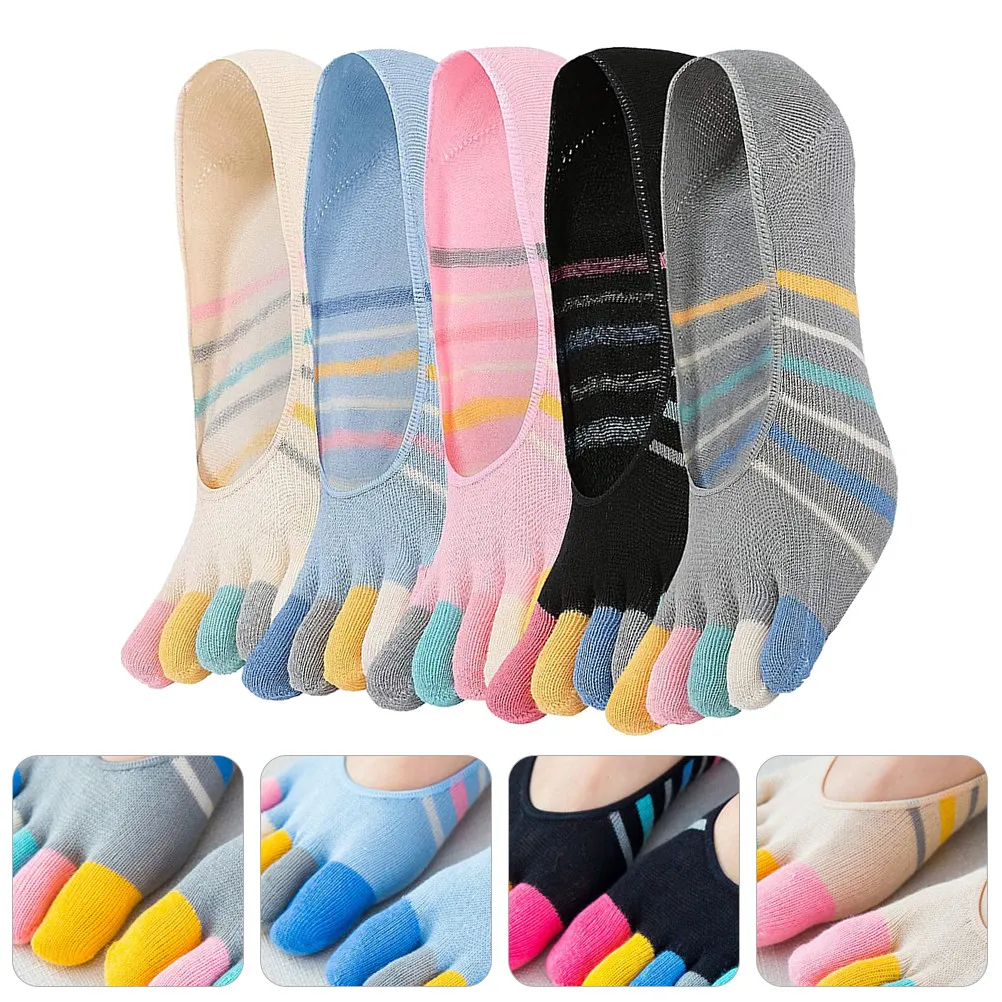 5Pairs Yoga Toe Socks Women Invisible Low Cut Cotton Socks Stripe Pattern Well Fitting Elastic for Daily Wear Stripe Stocking