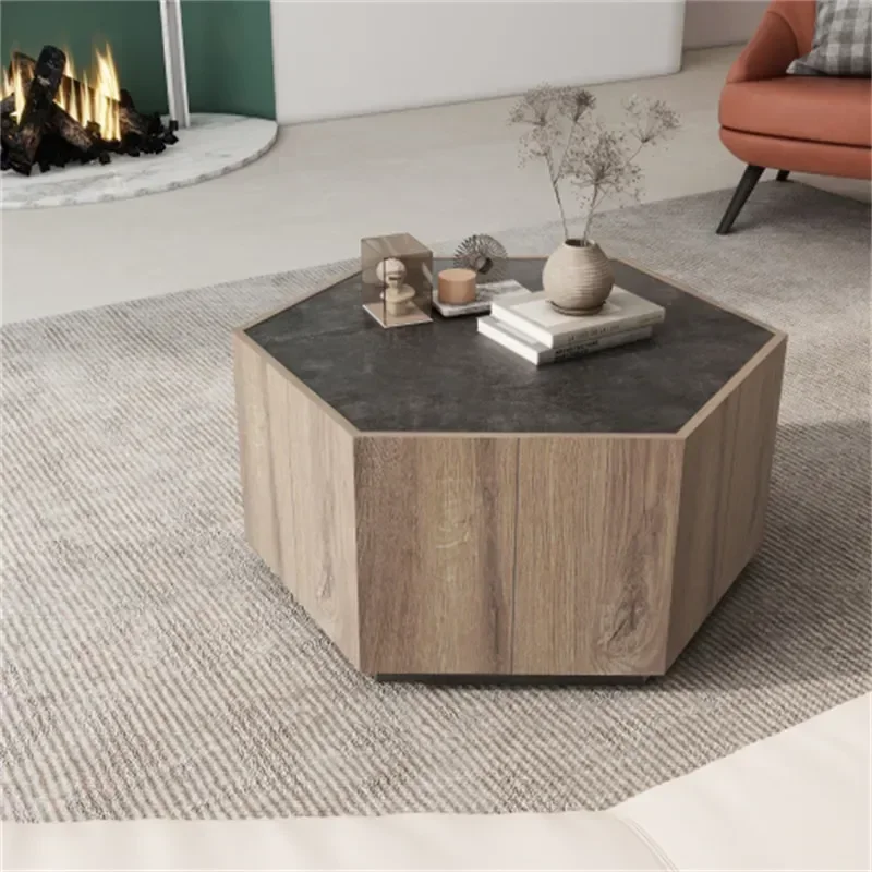 Hexagonal Rural Style Garden Retro Living Room Coffee Table with 2 drawers, Textured Black + Warm Oak