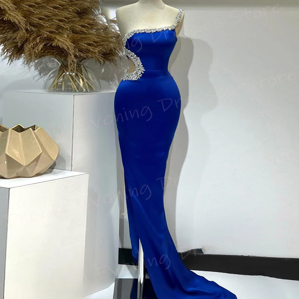 

Classic Blue Mermaid Elegant Women's Evening Dresses New One Shoulder Sleeveless Prom Gowns Sexy Split Beaded Vestido De Noche