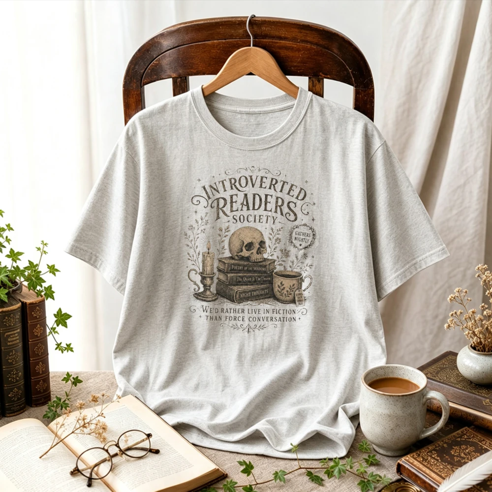 Women Introverted Readers Society Skull Stacked Books Candle Teacup Graphic T-Shirt Book Lover Tee Academia Bookish Casual Tops