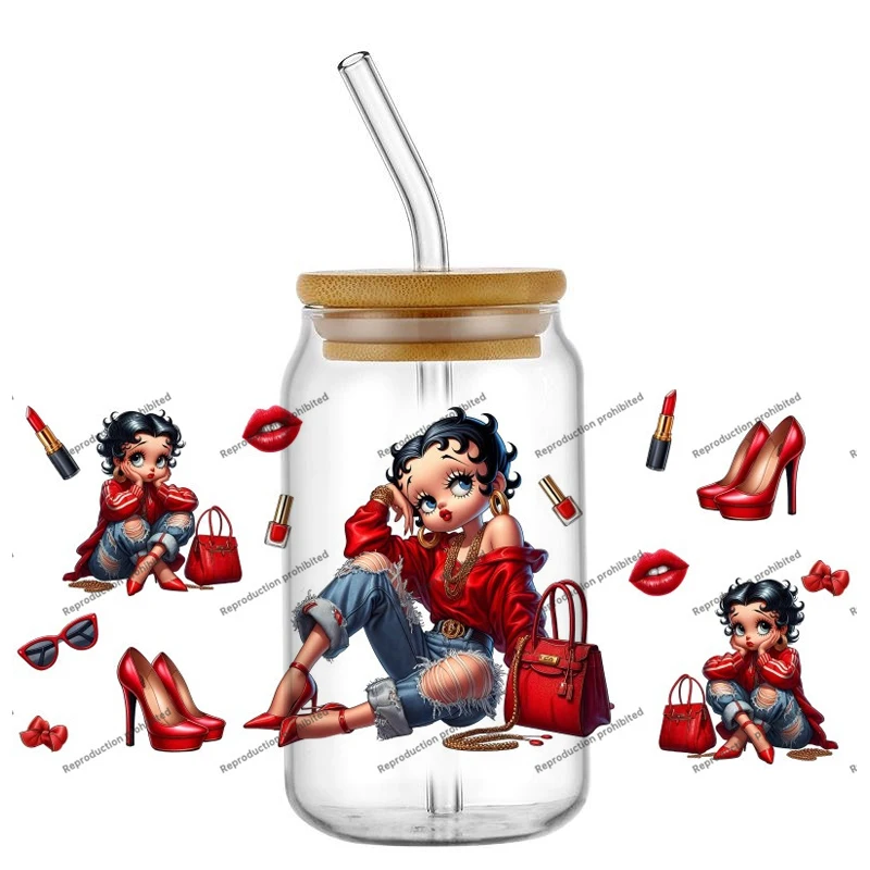 Modern Fashion Girl Themed 3D Waterproof Libbey Glass Can Decal Red Aesthetic Cartoon UV DTF Cup Transfer Sticker DIY Wrap Decal view 3