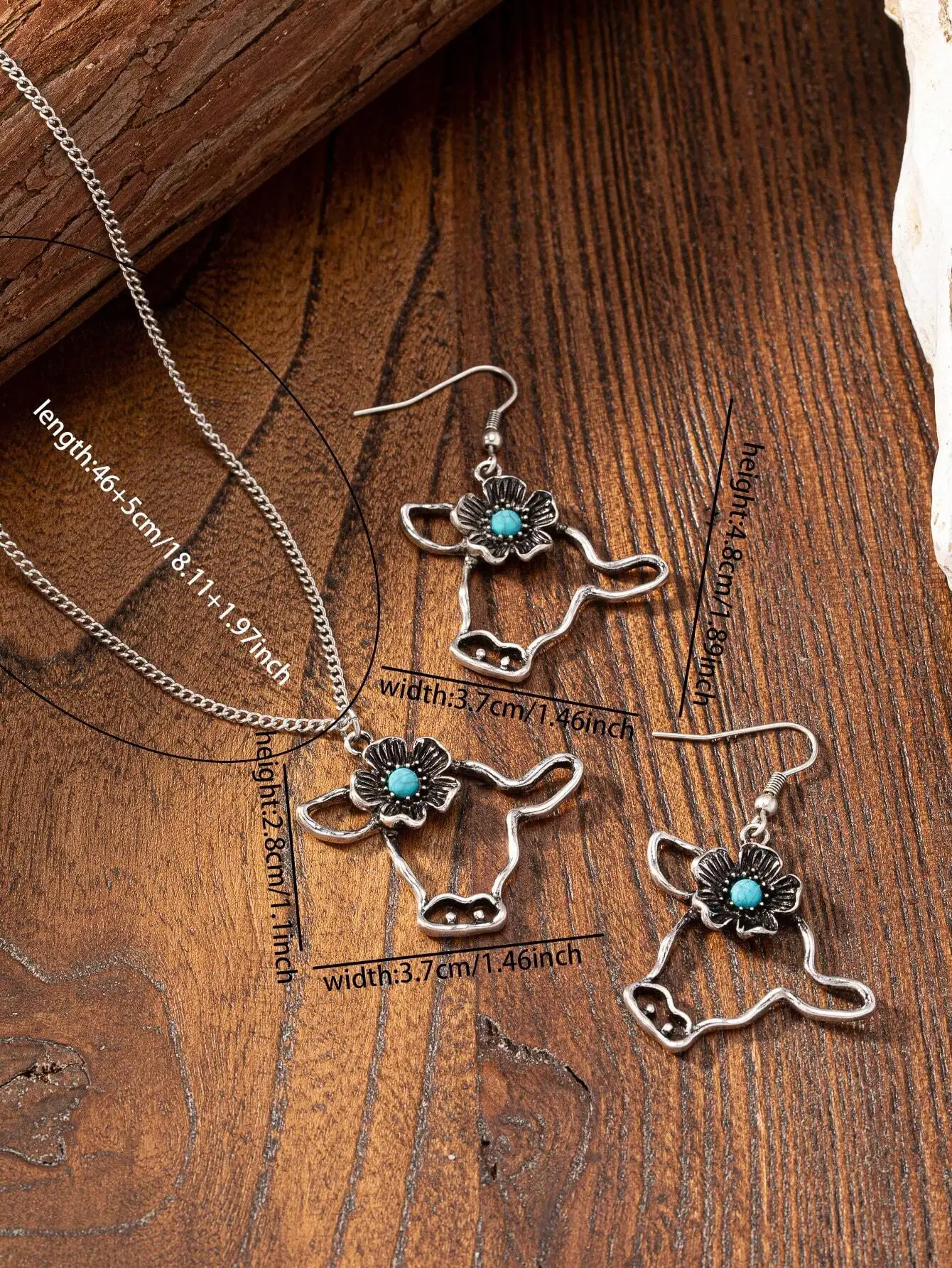 Conjunto de collar y pendientes con colgante de cabeza de vaca de piedra turquesa para mujer