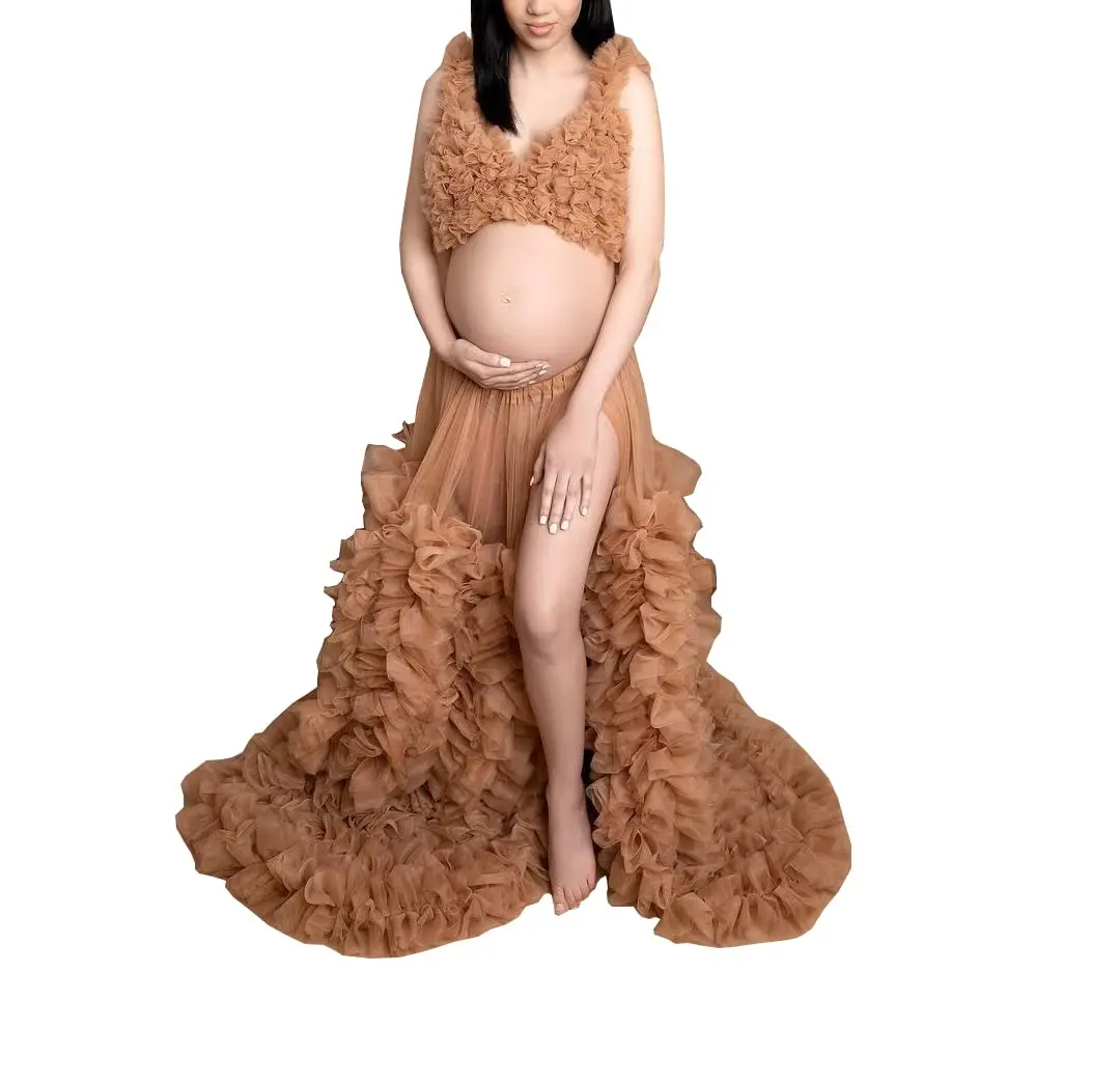 Vestido de maternidad para sesión de fotos, conjunto de 2 piezas, tul plisado, abertura frontal, largo hasta el suelo, sesión de fotos, Baby Shower