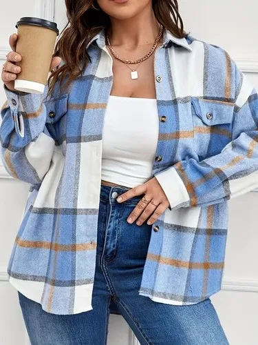 Camisa de franela a cuadros azul, blanca y marrón, de manga larga, con cuello de solapa y doble bolsillo, para mujer.