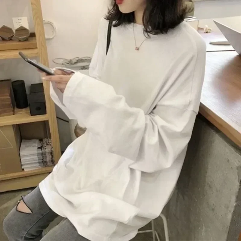 Autumn and Winter Long-Sleeved T-Shirt for Women White Base Shirt Loose All Matching Medium Long Tops