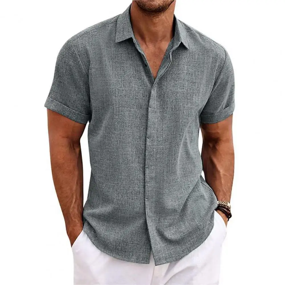 Camisa de linho manga curta masculina com gola lapela, encaixe de botões, casual, solta, confortável