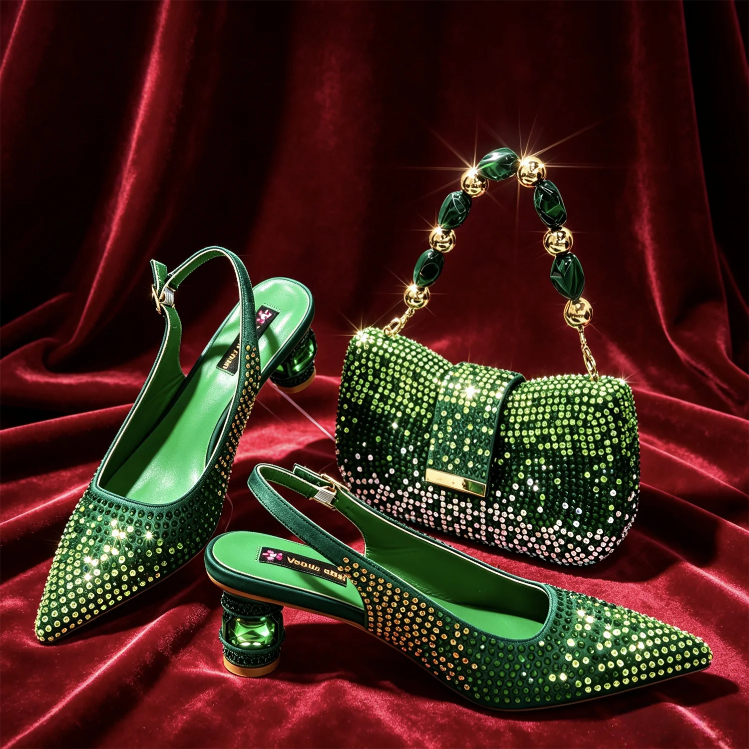 2026 Italian Inspired Green Rhinestone HAND CRAFTED UPPER Pointed Toe Women High Heels Shoes and bag Set Elegant Party Shoes