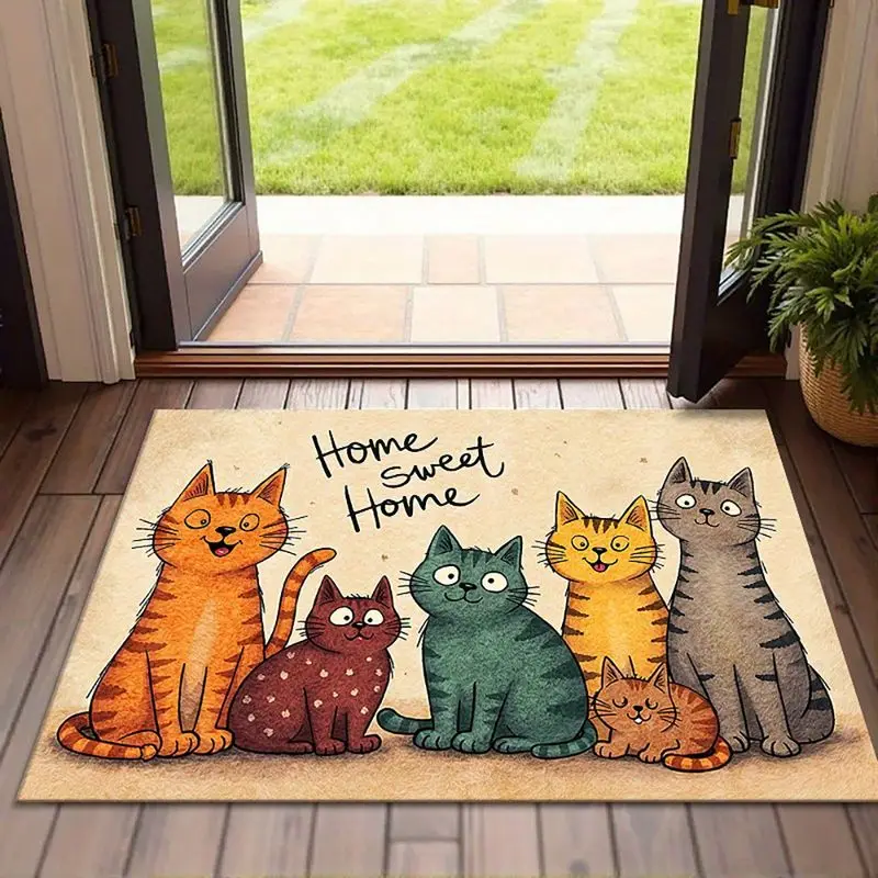 VIKAMA Home Sweet Home Cat Door Mat Six Kittens Print Non Slip Rug For Entryway Front Door Indoor Outdoor Porch Pet Lover Decor