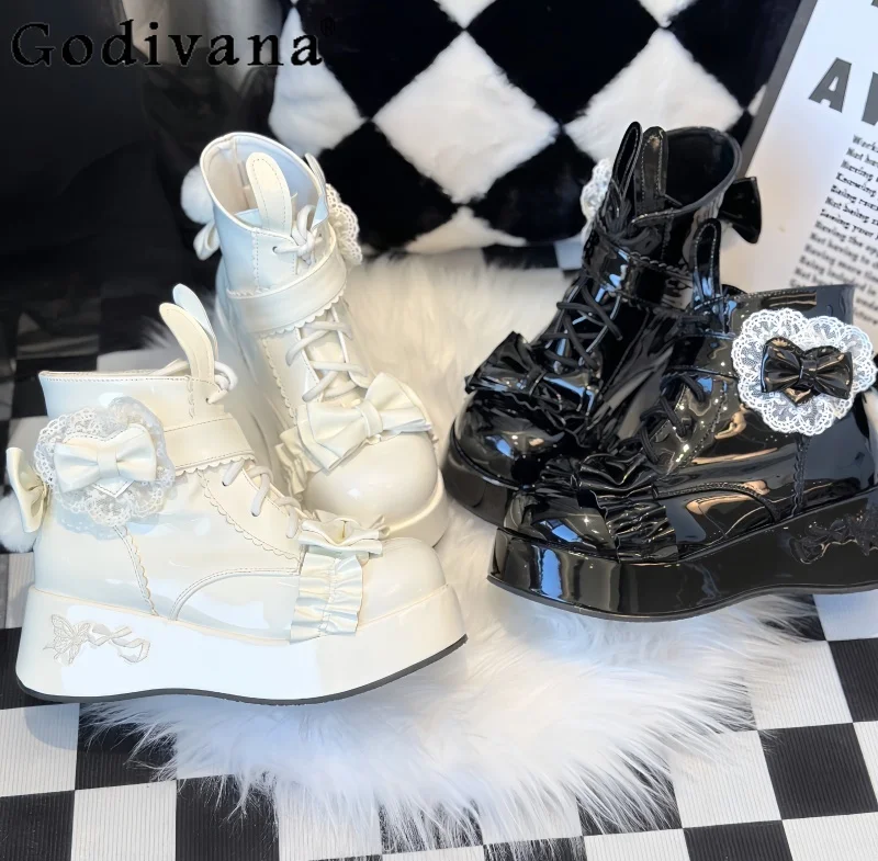 

Japanese Original Sweet Girl Lolita Snow Boots Winter New Fleece Lined Warm Cute Bow Thick Sole Short Boots