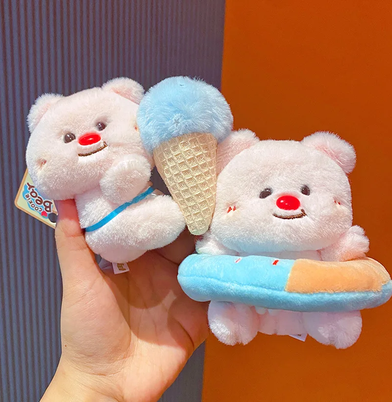 Cute Furry Ice Cream Bear Keychains Fur Donut Bear Shaped Pendants Keyirng Backpack Mobile Phone Anti-Lost Keychain Gifts