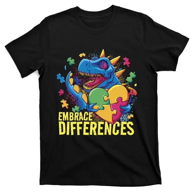 Dinosaur Holding Puzzle Heart Autism Awareness T-Shirt New 100% Cotton O-Neck Summer Short Sleeve Casual Mens T-shirt Size S-3XL