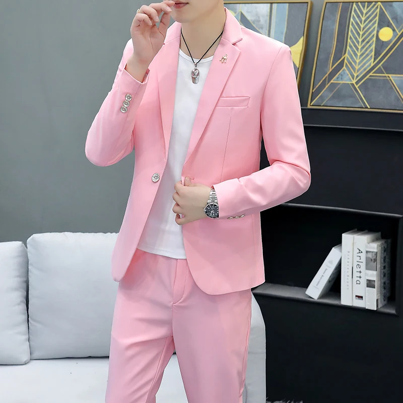 Men\'s Suit Dress Suit (suit + Trousers) 2024 Autumn Leisure Trend Solid Color Slim Suit Fashion Handsome Two-piece Set