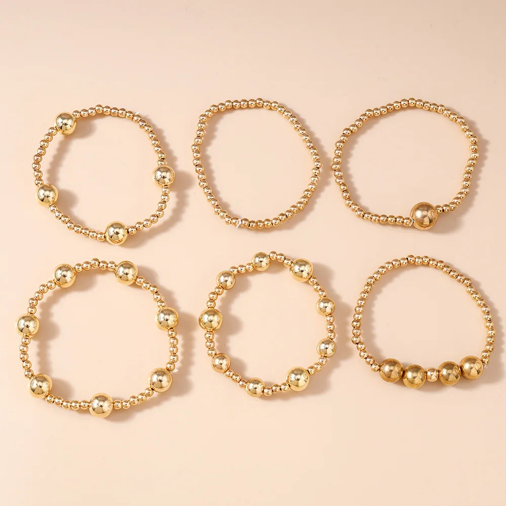 Aihua 6 Stück/Set goldfarbene CCB-Perlen-Kettenarmbänder für Frauen, kreativer Minimalismus, Perlen-Stretch-Armreif, Schmuckzubehör – Detail 4