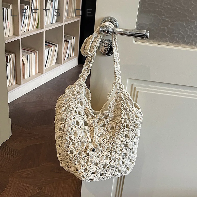 

Женская кремово-белая вязаная ажурная сумка через плечо на шнурке, ретро-стиль, повседневная, эстетичная, для шопинга и отпуска, 2026