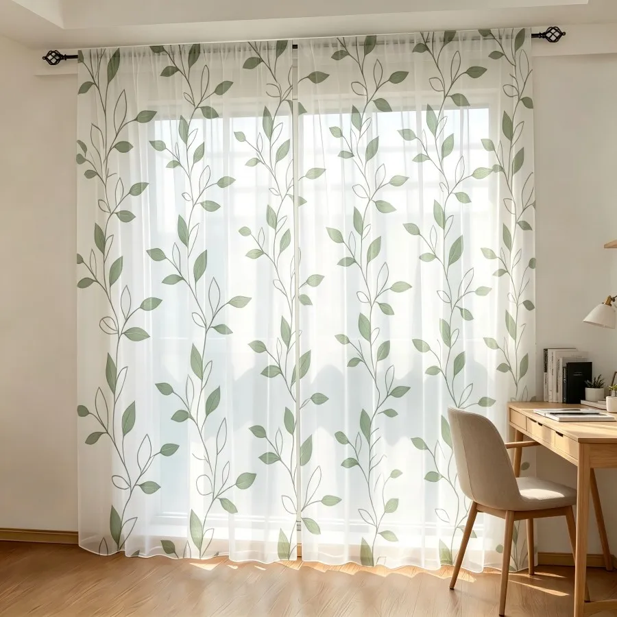 2PCS Digital Print Sheer Curtain, Vine Green Leaves Botanical Floral Nature Window Drapes for Living Room Bedroom Home Decor
