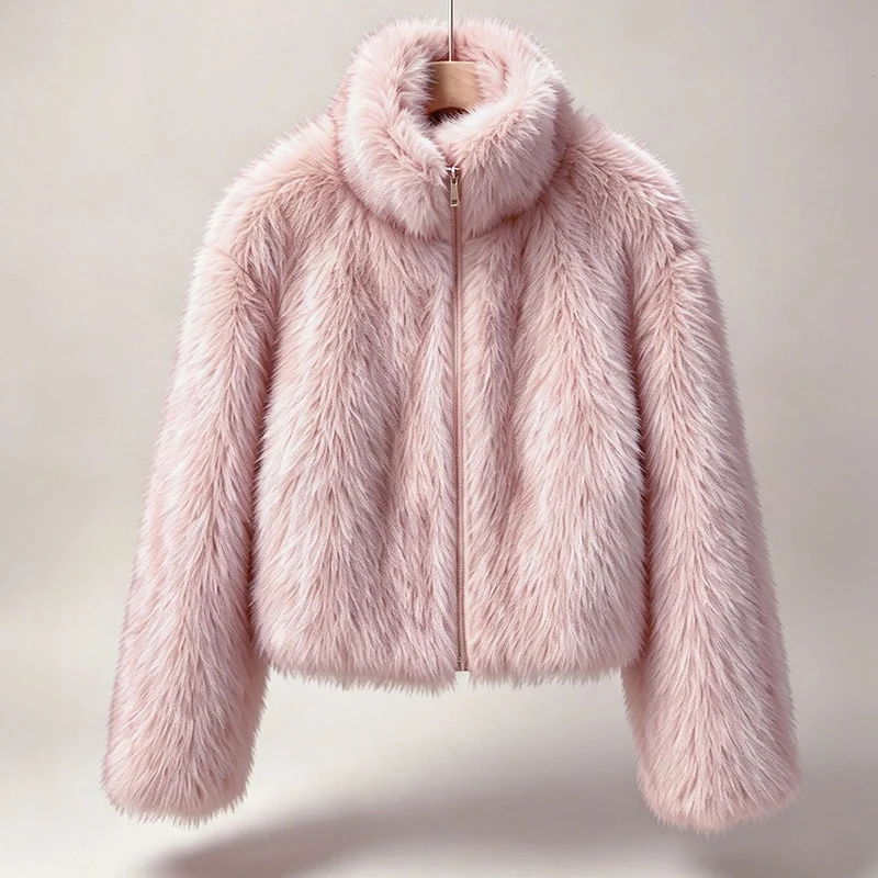 Women Pink Faux Fur Cropped Jacket 2026 New Stand Collar Zip Up Fluffy Coat Winter Temperament Slim-looking Warm Outerwear