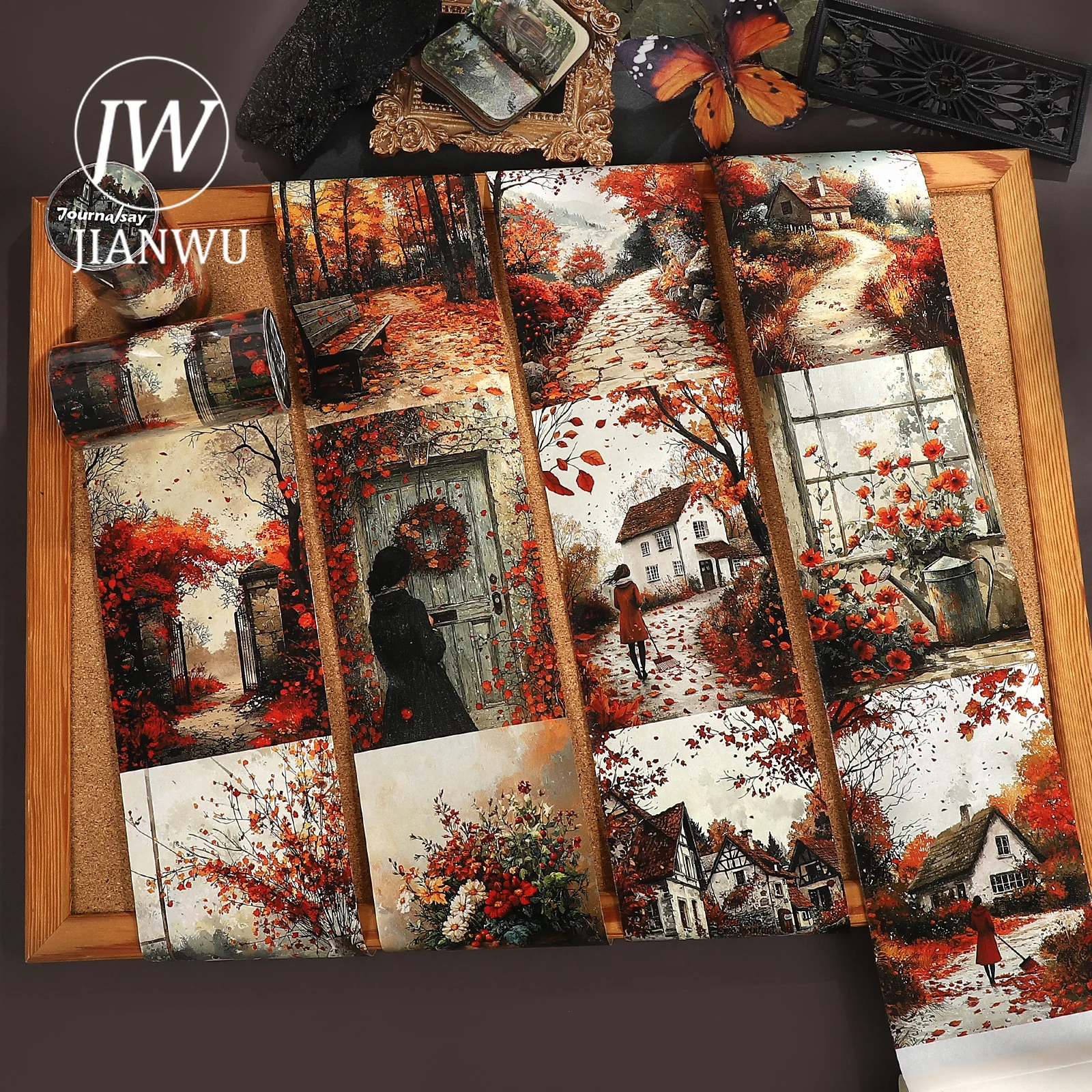 JIANWU 80mm*212cm Vintage Autumn Tree Village Landscape Material Collage Scrapbooking Washi Tape Creative DIY Journal Stationery