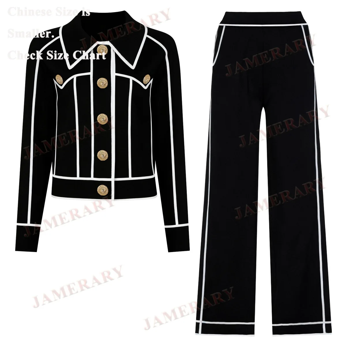 

Elegant Autumn Two Piece Sets Women Sweater Gold Button Cardigan Wide Leg Pants Knitted Long Trousers Knitwear Spring Suits