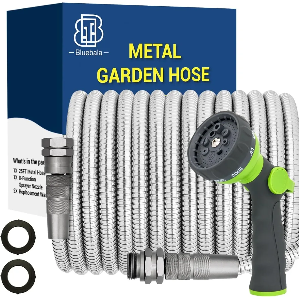 

Metal Garden Hose - 100FT Heavy Duty Stainless Steel Water Hose with 8-Mode Spray Nozzle, 3/4" Fittings, Leak Proof