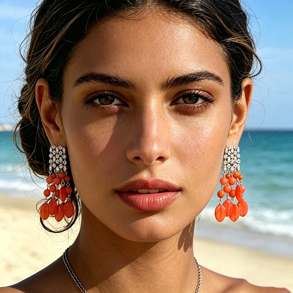 

Bohemian Orange Resin Beaded Tassels Drop Earrings for Women Fashion Rhinestone Earring Summer Beach Party Jewelry Accessories