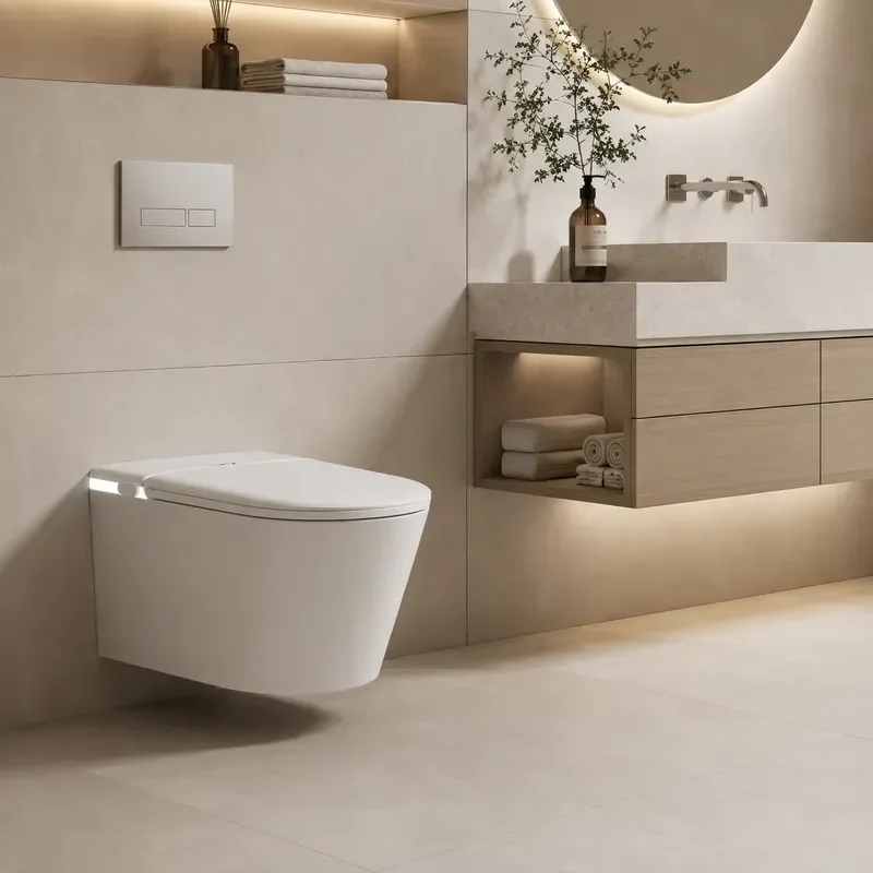 Modern Wall Hung Smart Toilet Ceramic Bidet Toilet with Heated Seat Warm Air Dryer Foot Sensor Flush Foam Shield