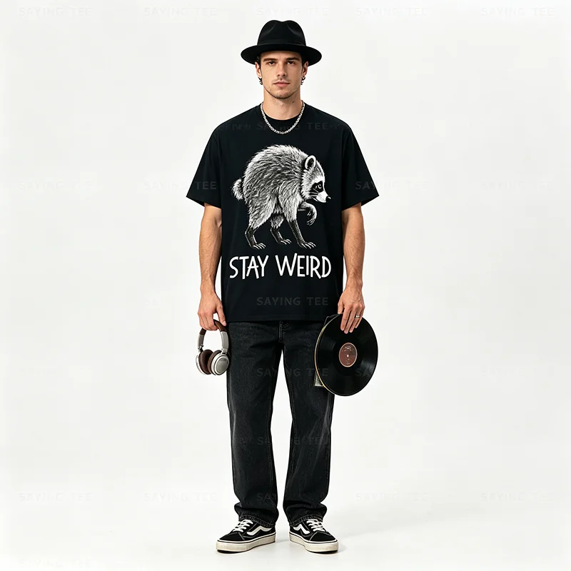 Stay Weird Funny Timothy Raccoon T-Shirt Y2k Herren Damen Baumwolle Gemütliche Oversize-T-Shirts Mode Vintage Kurzarm-Spruch-T-Shirt – Detail 6