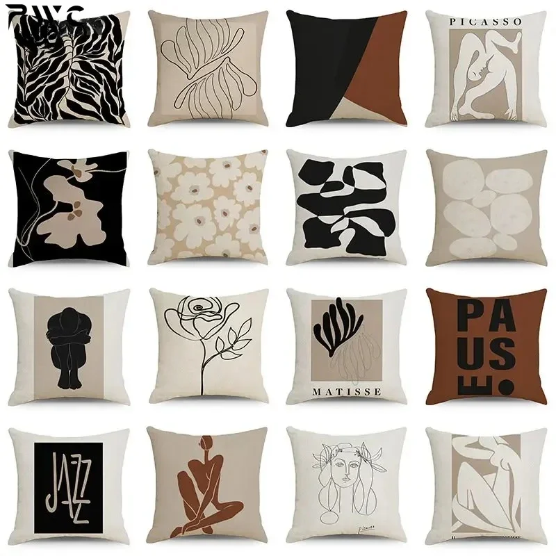 2024 Nordic Abstract Linen Pillowcase Simple Black and White INS for Home Sofa Bedside Car Pillowcase