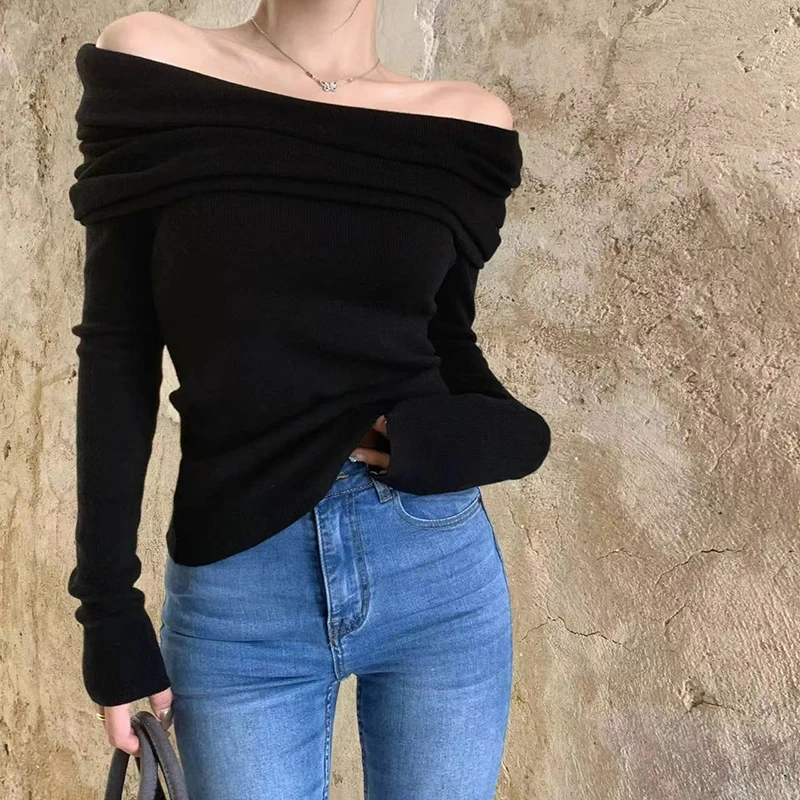 Black Sexy Slash Neck Knitted Sweater Women autumn Fashion Pleated Off Shoulder Jumpers lady Elegant Long Sleeve Slim Pullovers