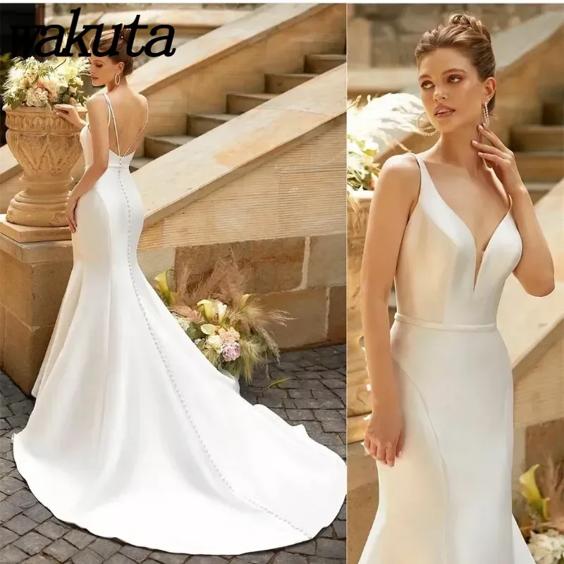 Wakuta-Vestidos de casamento femininos longos de cetim, elegante vestido sereia, alças, decote em v, botões para trás, sexy, 2024