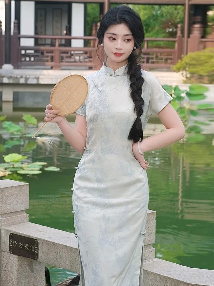 

Элегантное традиционное китайское платье-ципао Ele Young Sle Dr, длинное, в пол, с косым воротником, коротким рукавом, для повседневной носки