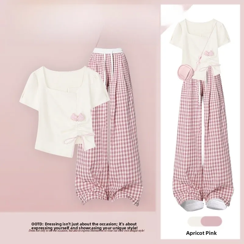 

Sweet Preppy Style Short Sleeve Top And Wide Leg Pants Two Piece Set Summer 2026 Korean Fashion Youthful Clothing Ensemble
