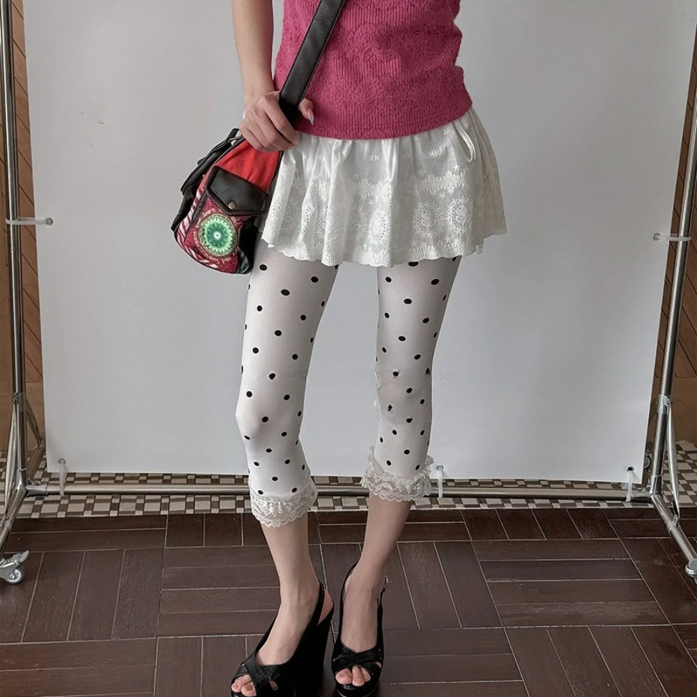 Original Lace Trim Polka Dot Thin Leggings Vintage Y2K Sweet Cool Hot Girl Capri Pants Millennium Retro Velvet Girls Pants