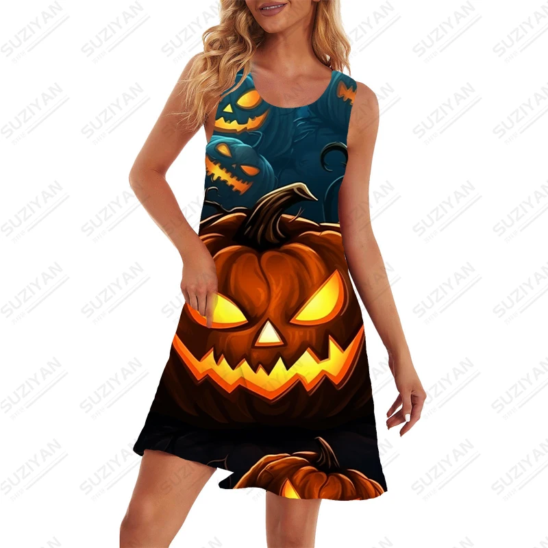 Halloween Horror Pumpkin 3D Printed Dress Summer New Basic Round Neck Dress Loose Casual Dress Street Cool Sleeveless Dress