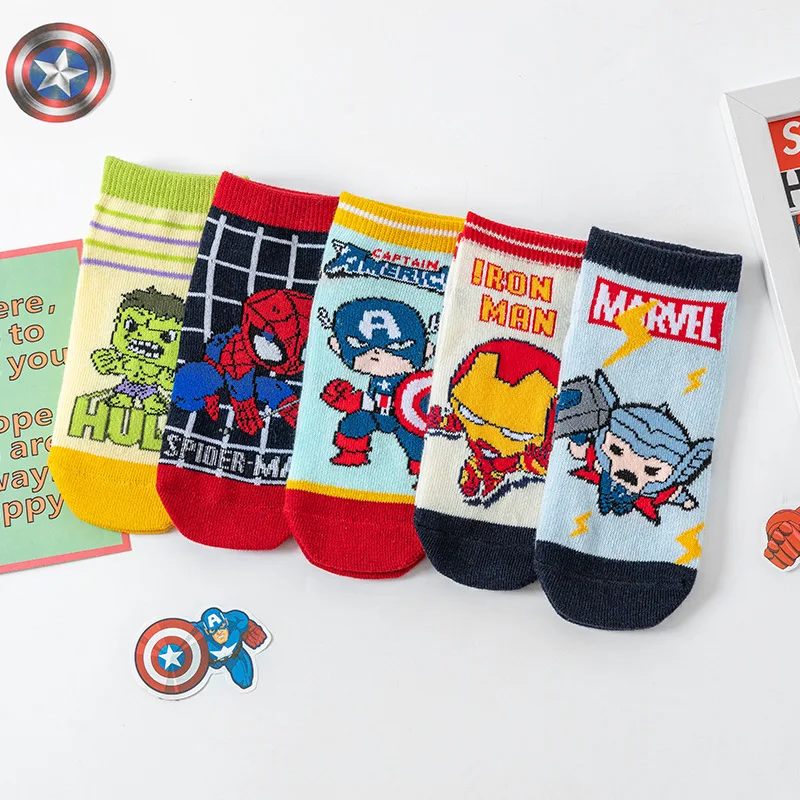 5 Pairs Spiderman Children\'s Socks Marvel iron Man Hulk Thor Anime kids Boys Short Socks Cartoon Baby Spring Summer Sock 1-12 Y