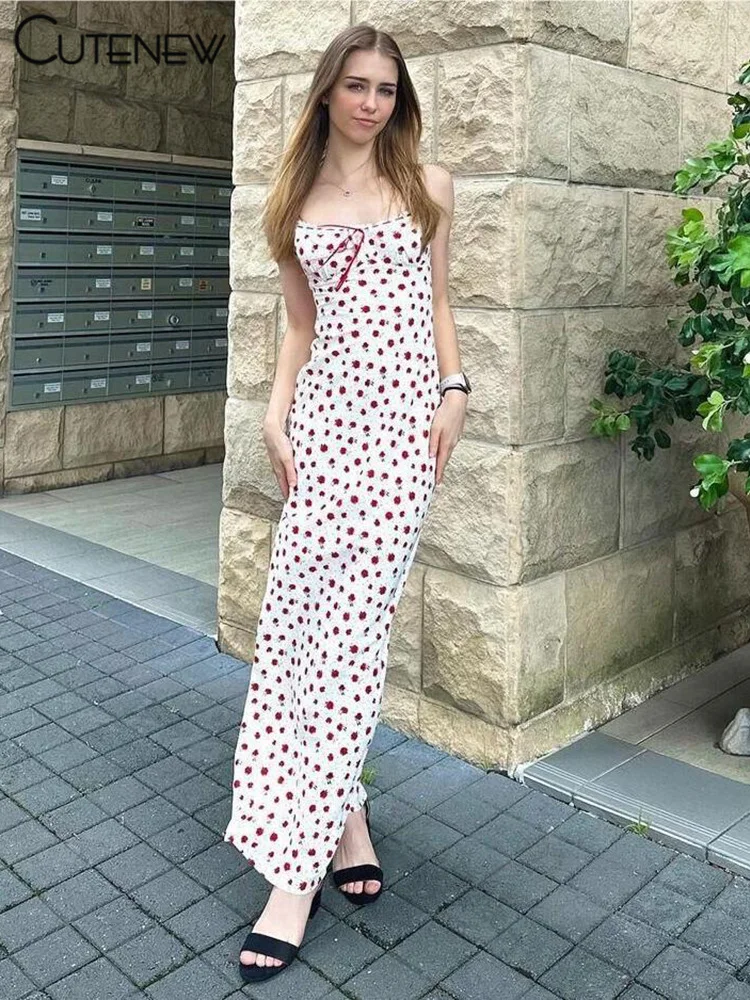 Cutenew Rose Print Trend Maxi Dresses Women Summer Hipster Suspendency Bandage Straight Bodycons Female Concise Street Vestidos