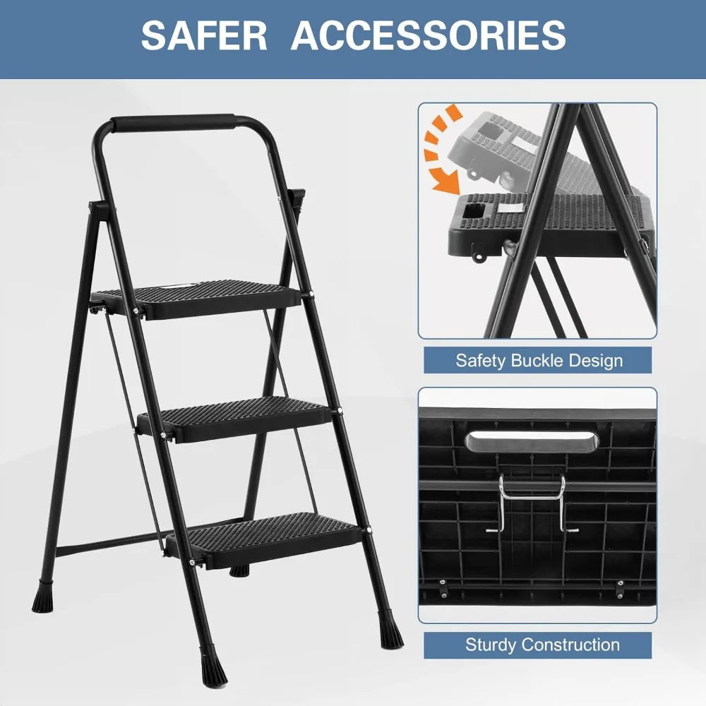 "verstelbare 3-staps vouwladder voor keuken, capaciteit van 300 lbs, brede antislipstappen"