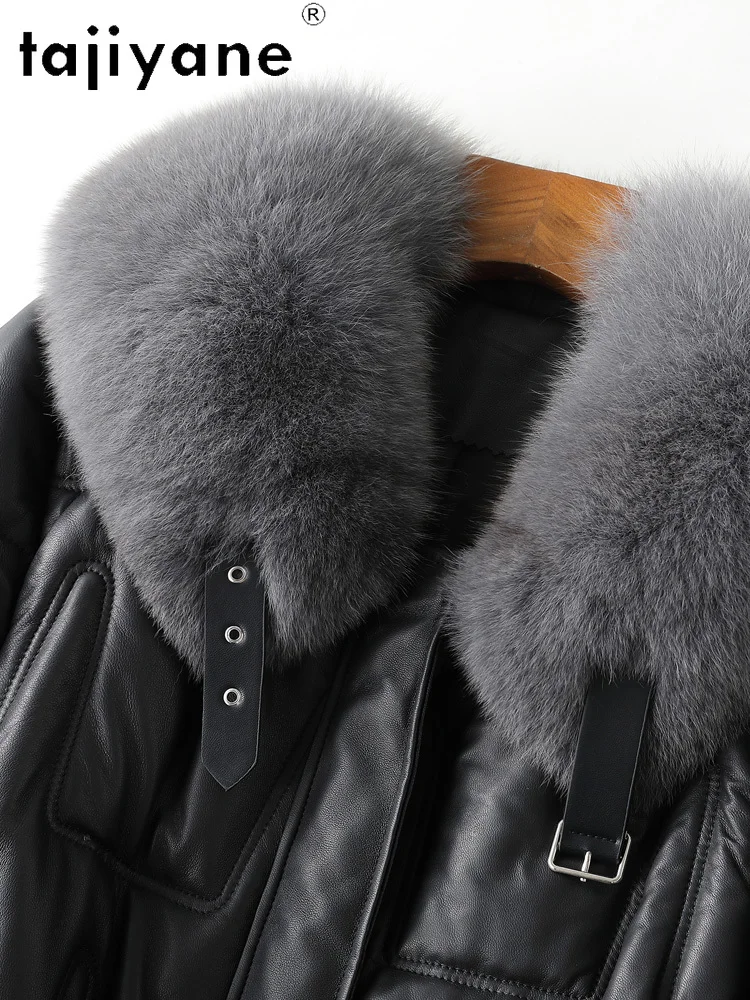 TAJIYANE الأبيض أوزة أسفل الجلد الحقيقي سترة منفوخة النساء 100% جلد الغنم طويل أسفل معاطف الثعلب الفراء طوق الملابس الشتوية 2025