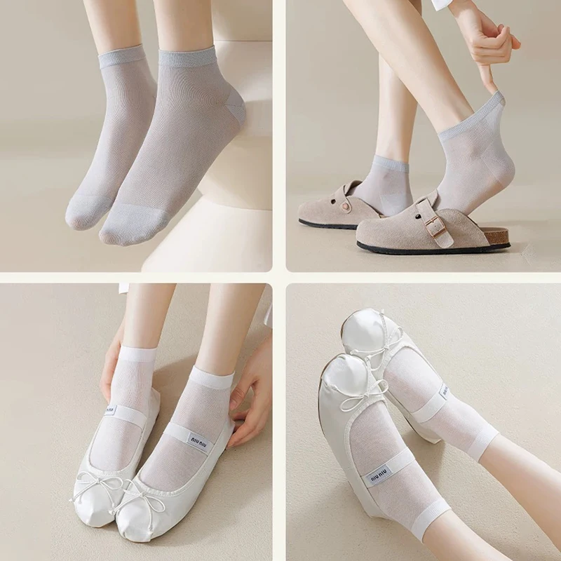 10 Pairs Women Socks Silk Spring Summer Thin Sweat-absorbing Breathable Korean Japanese Style Boneless Short Boat Ankle Socks
