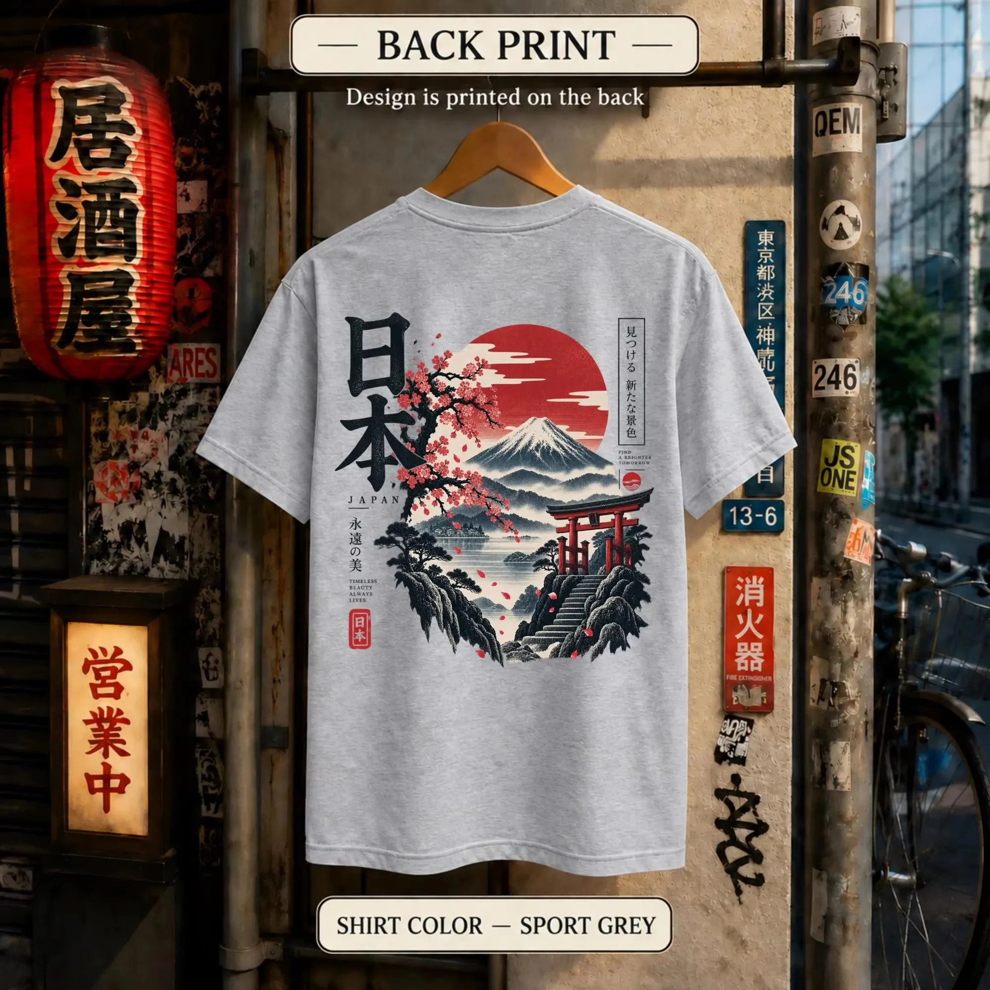 2026 New Family Matching Unisex Oversized Streetwear T Shirt Japan Fuji Mountain Sakura Torii Gate Ukiyo-e Back Print Short Tee