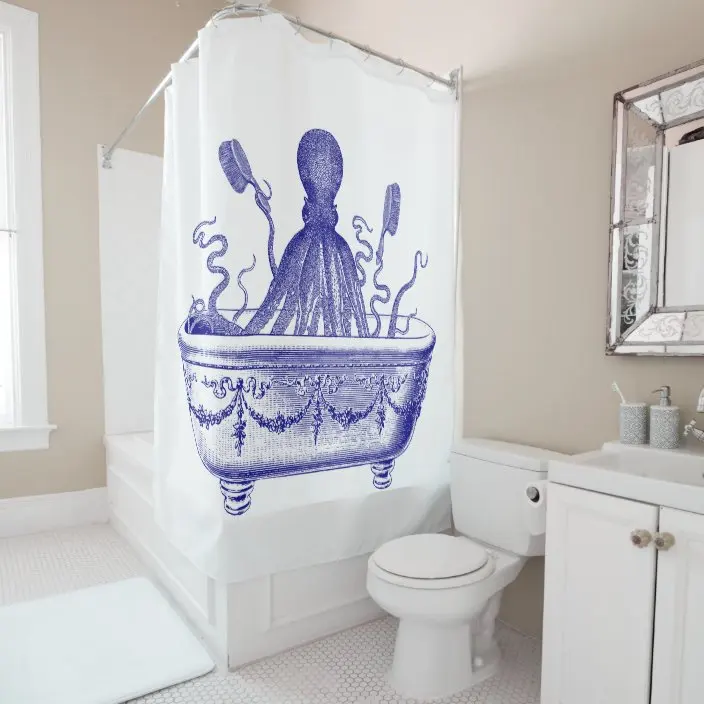 Vintage Ocean Octopus Kraken and Sailboat Illustration Shower Curtain Bathroom Curtain Hook Decorative Bathroom Curtain