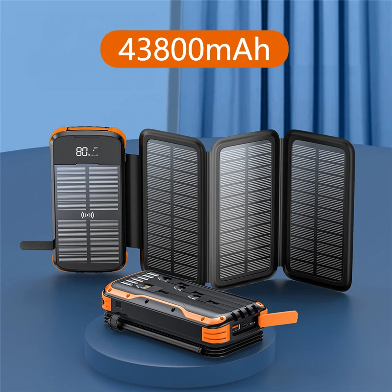 Folding Solar Power Bank 43800mAh Fast Wireless Charger Portable External Battery Charger for iPhone 15 Powerbank with LED Light