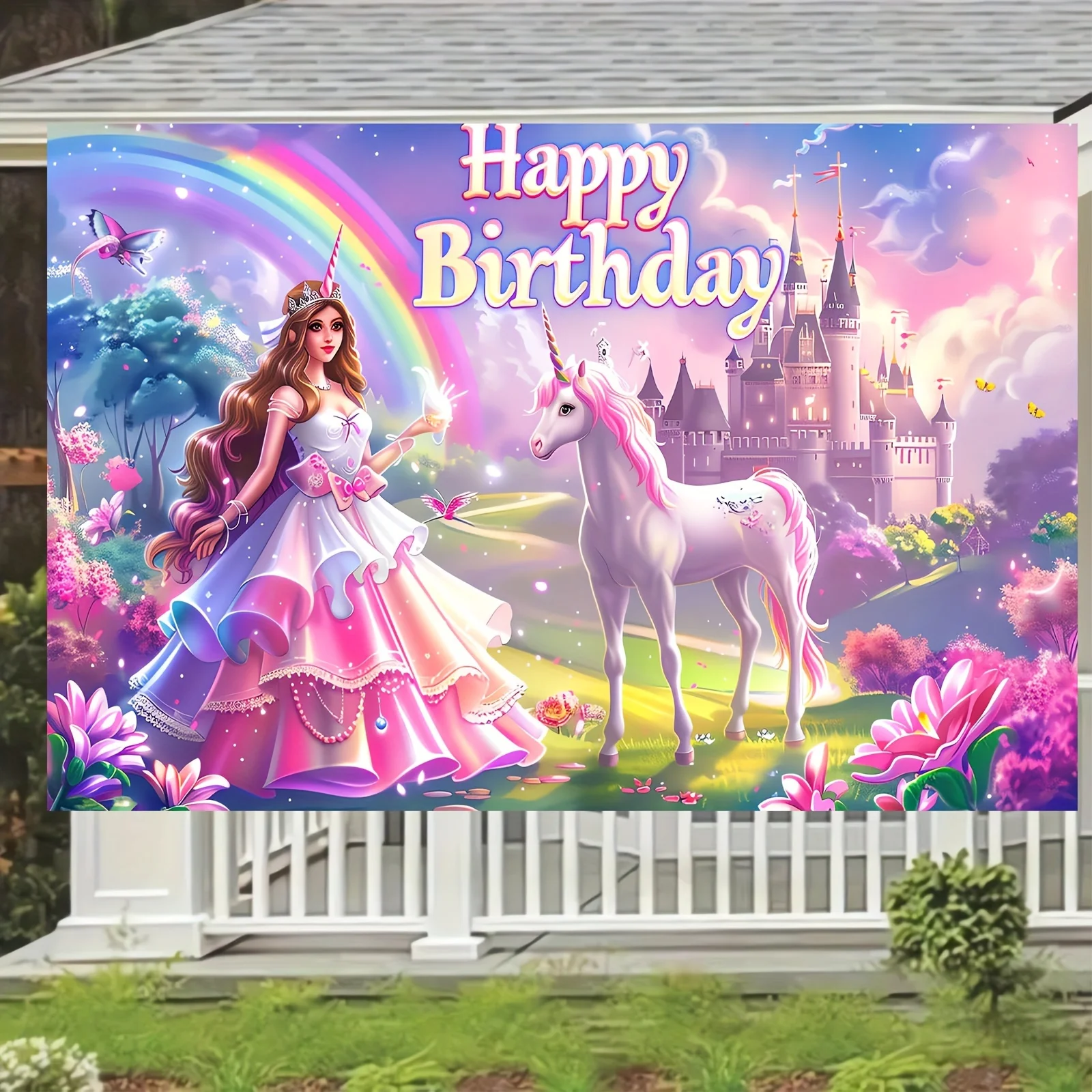 Princess theme Castle birthday banner, Unicorn theme birthday background, Rainbow party decoration, background banner