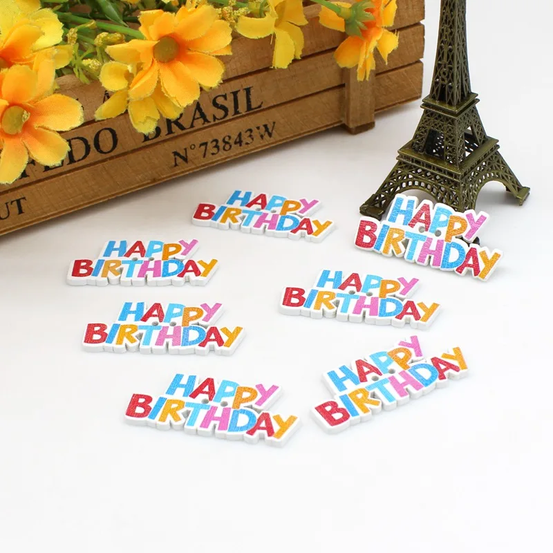 30pcs/lot happy Birthday buttons Lovely Craft Supplies 2 Holes Decorative Wooden Buttons Sewing Scrapbooking