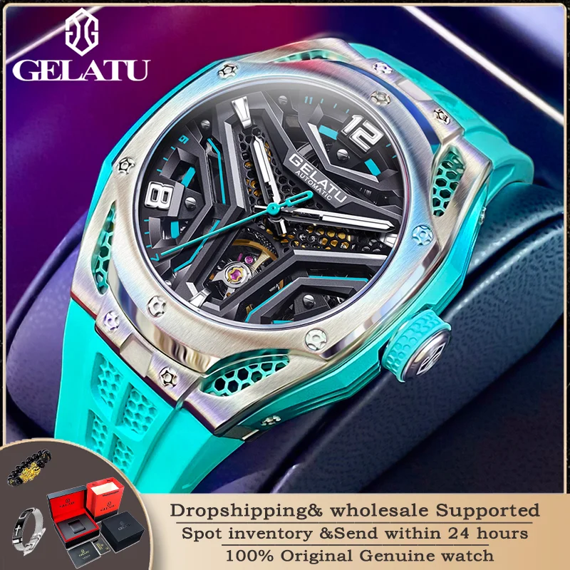 

GELATU 6007 Hollow out Men's Fully Automatic Mechanical Watch Silicone Strap Luxury Brand Watch Trendy Sports Type Men's Watch